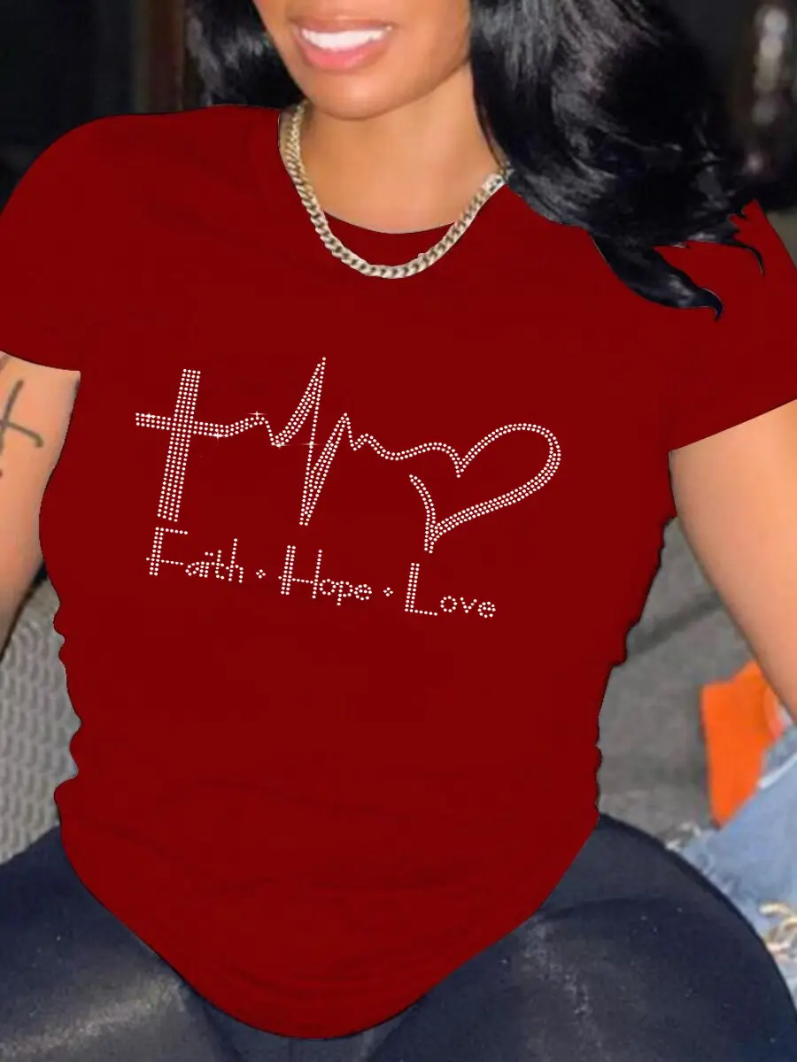 Red Rhinestone T-Shirt with "Path + Hope + Love" Design - Image 5
