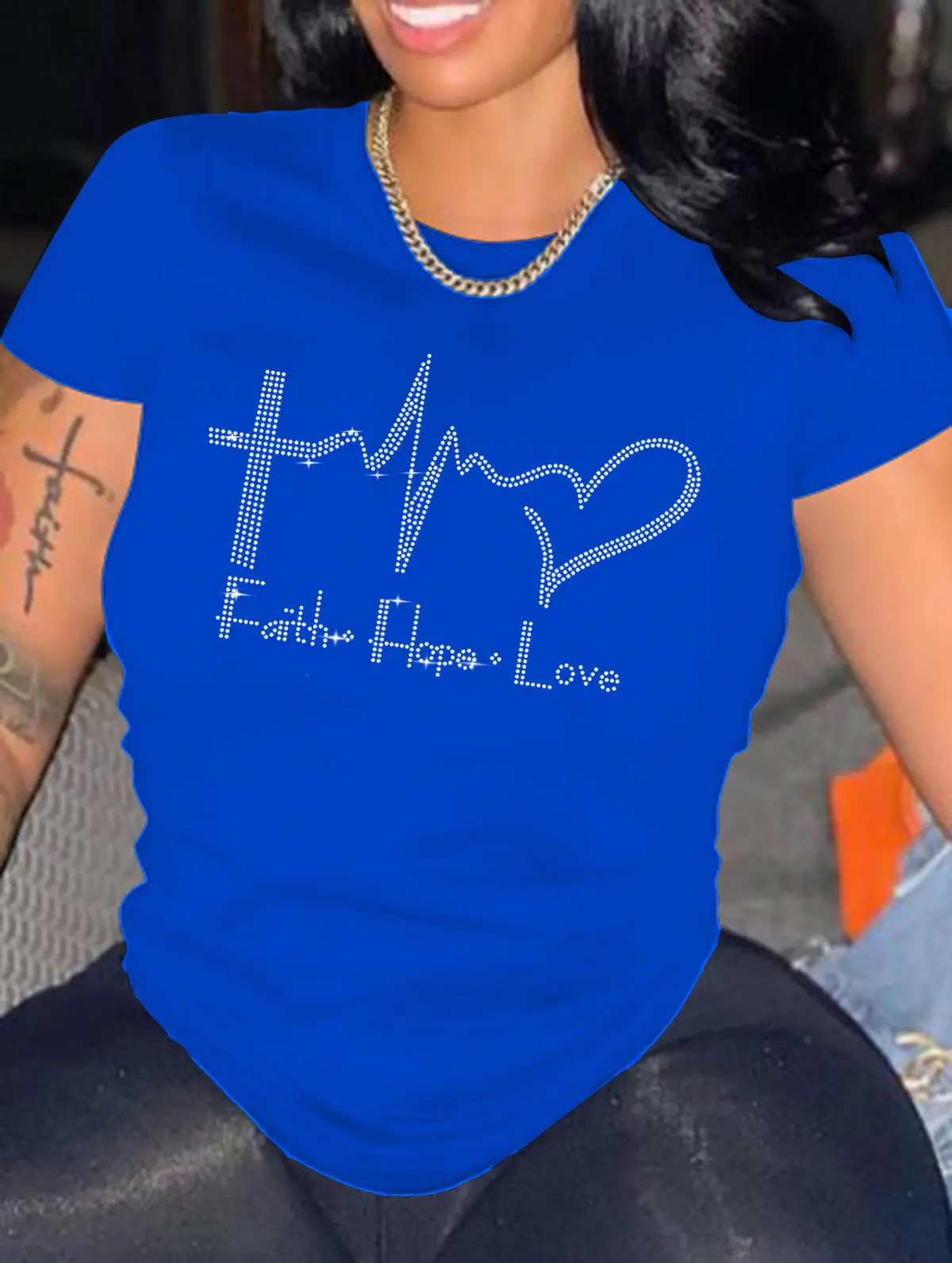 Red Rhinestone T-Shirt with "Path + Hope + Love" Design - Image 3