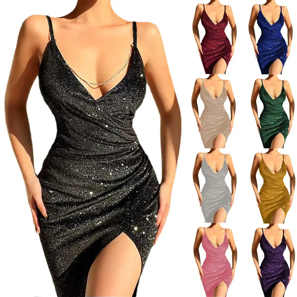 Green Sequin High Split V Strap Dress - Image 6