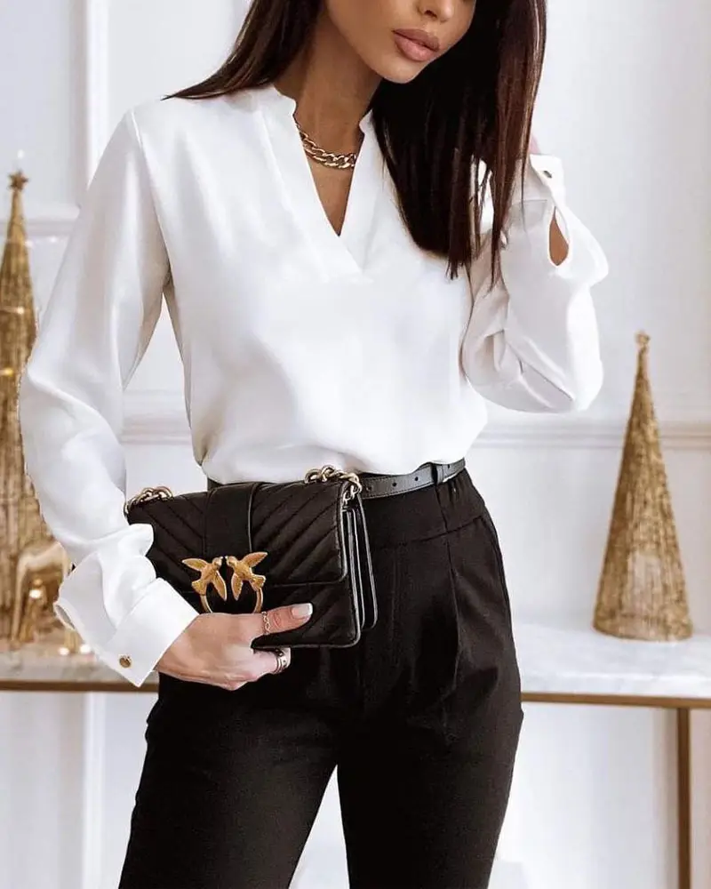 Black Marble Print Long Sleeve V-Neck Top for Women — feature 14