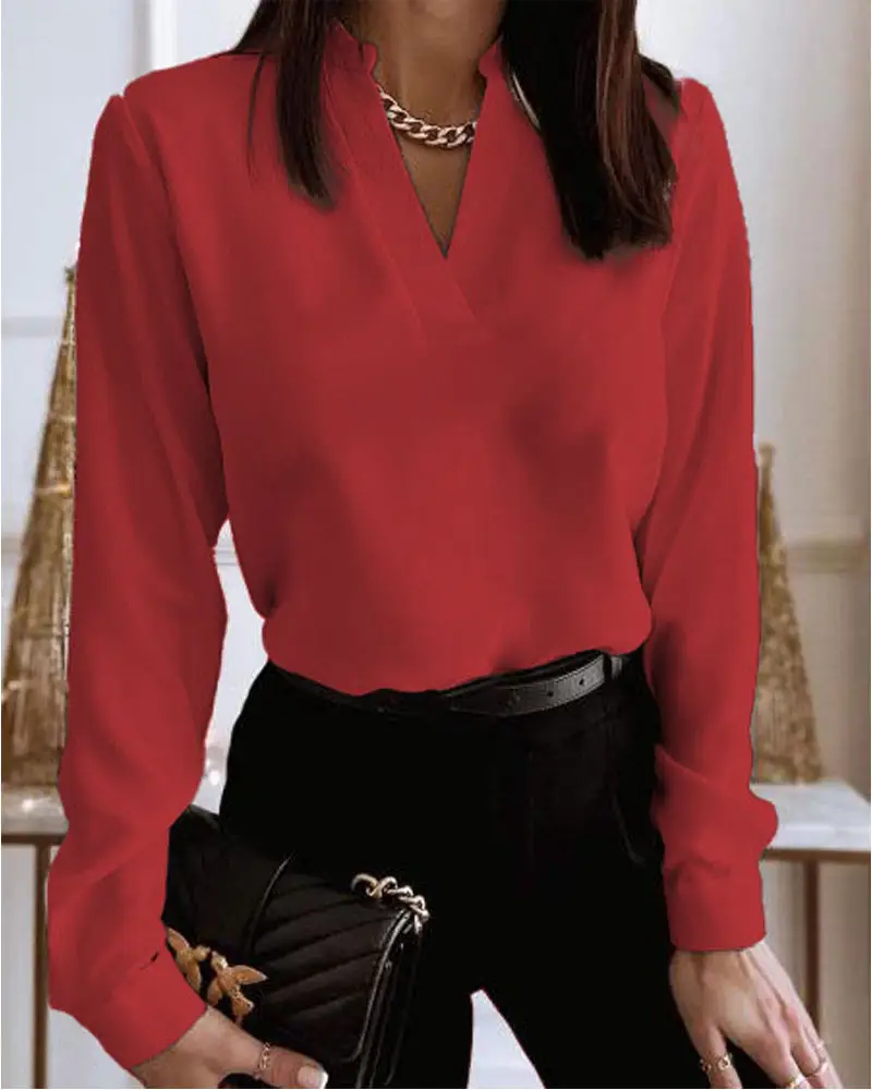 Black Marble Print Long Sleeve V-Neck Top for Women — feature 15