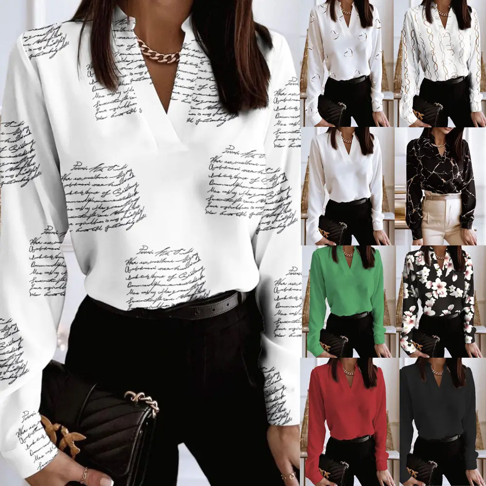 Black Marble Print Long Sleeve V-Neck Top for Women — feature 2