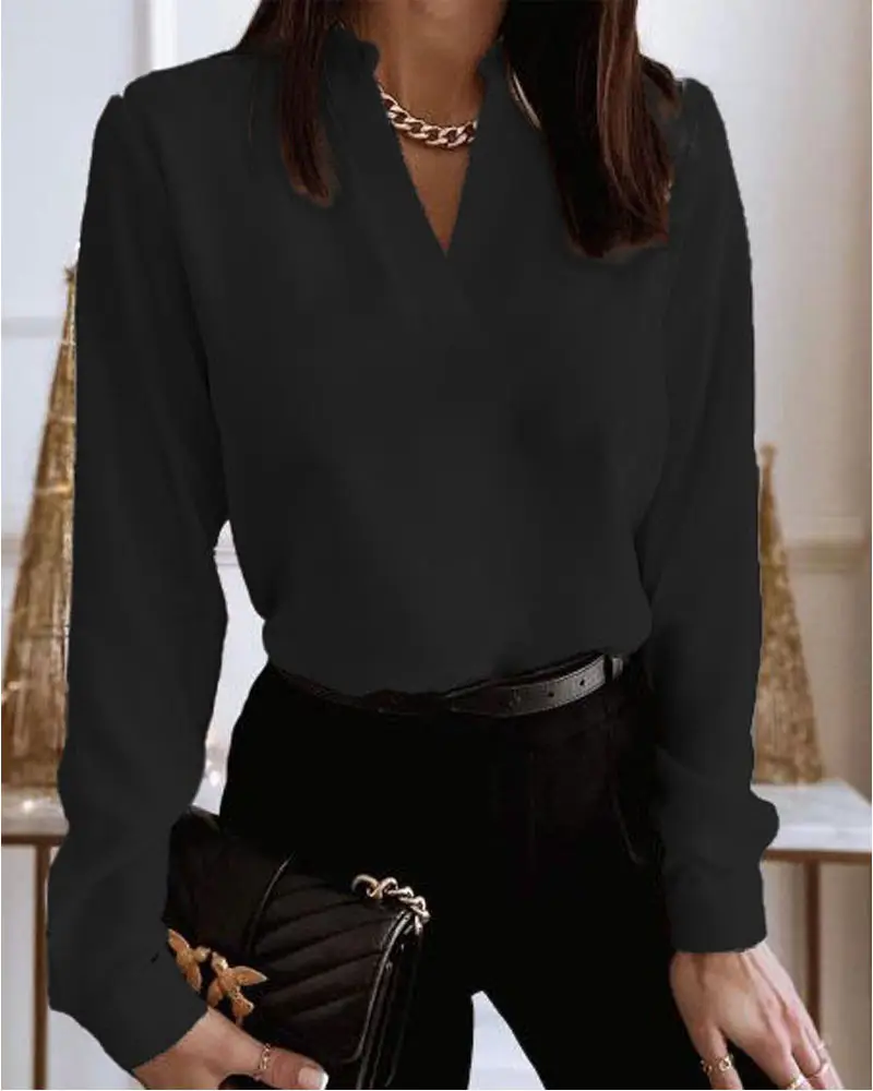 Black Marble Print Long Sleeve V-Neck Top for Women — feature 20