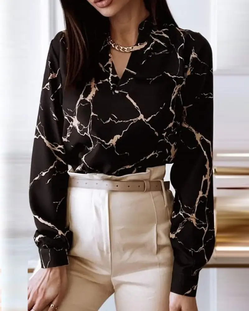 Black Marble Print Long Sleeve V-Neck Top for Women — feature 5