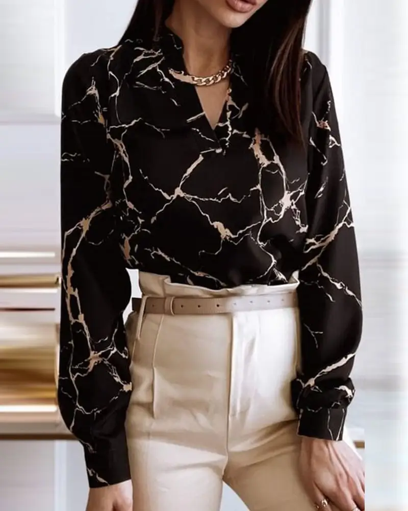 Black Marble Print Long Sleeve V-Neck Top for Women — feature 6