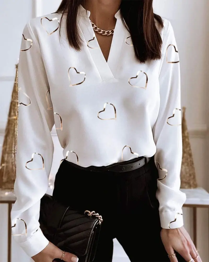 Black Marble Print Long Sleeve V-Neck Top for Women — feature 7