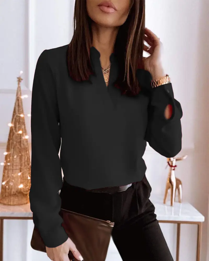 Black Marble Print Long Sleeve V-Neck Top for Women - Image 2