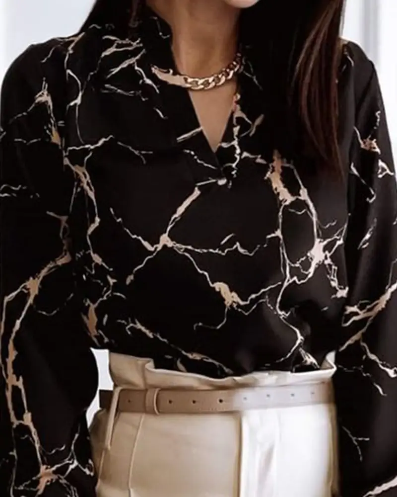 Black Marble Print Long Sleeve V-Neck Top for Women - Image 5
