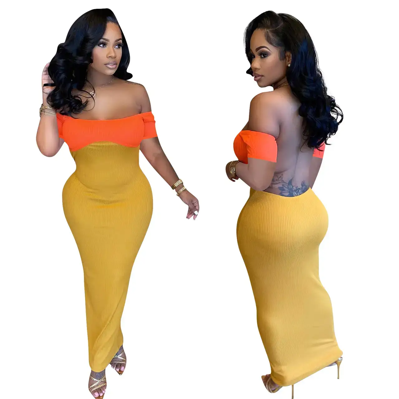 Sexy Backless Dress Orange Yellow High Waist