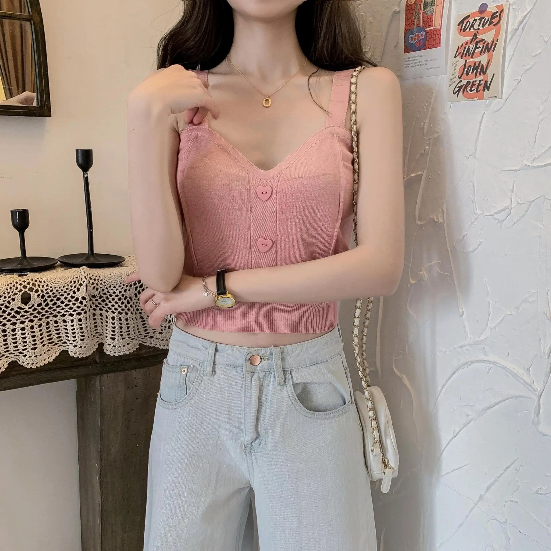 Pink Knitted Camisole for Women Slim Fit — feature 9