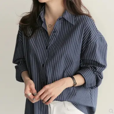 Women's Blue Striped Long Sleeve Shirt Plus Size