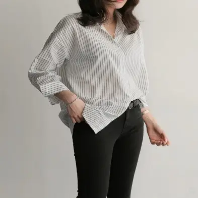 Women's Blue Striped Long Sleeve Shirt Plus Size