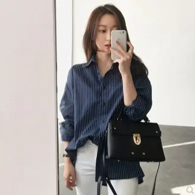 Women's Blue Striped Long Sleeve Shirt Plus Size