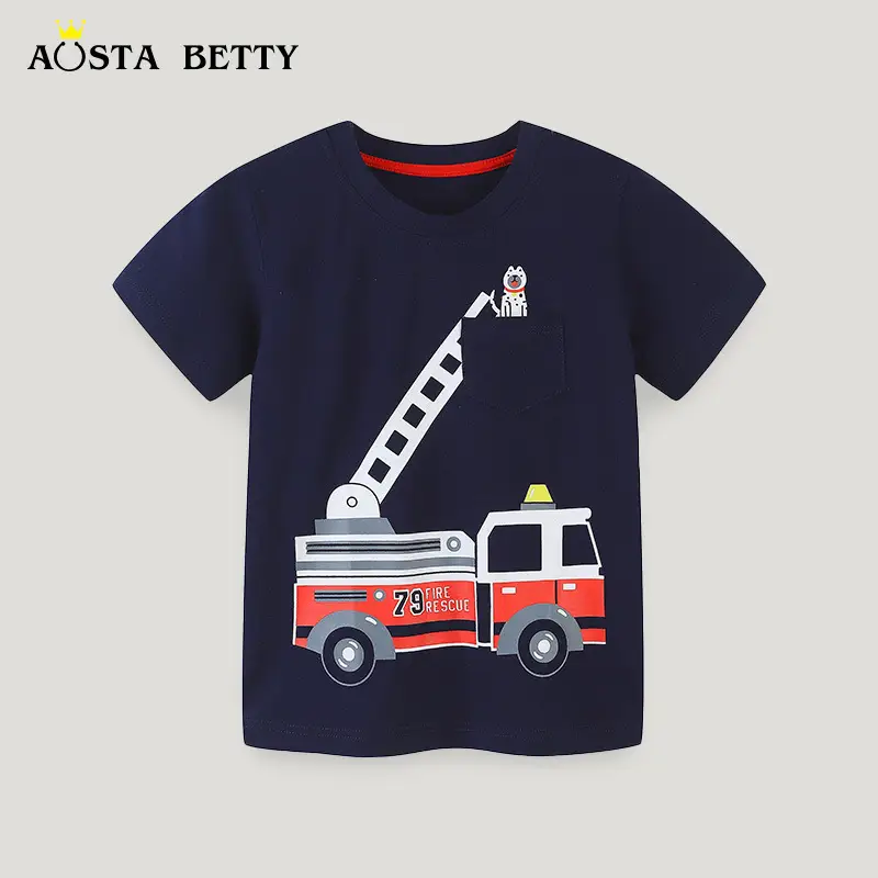 Boy's Fire Engine T-Shirt Navy Cotton Summer - Image 2