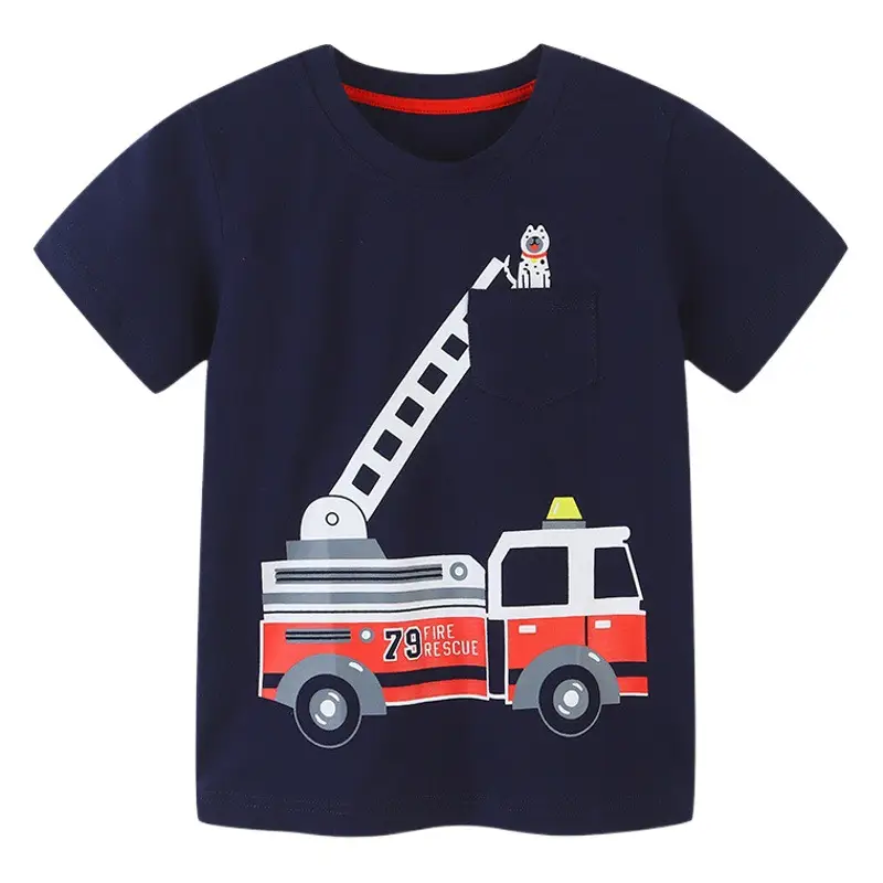 Boy's Fire Engine T-Shirt Navy Cotton Summer