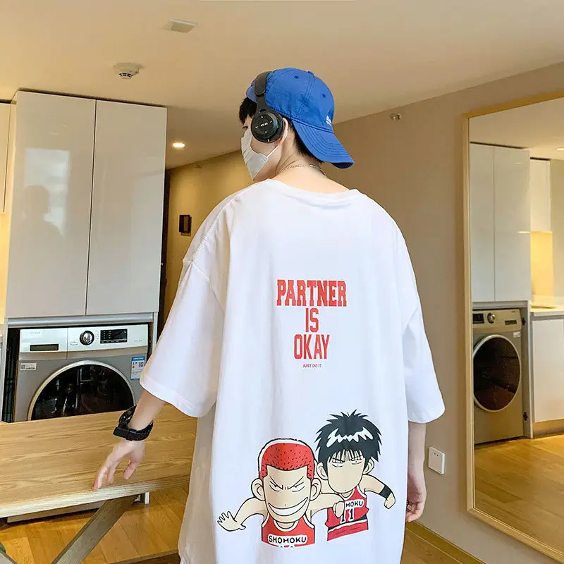 Men's Printed T-Shirt White Blue Cap Summer Style