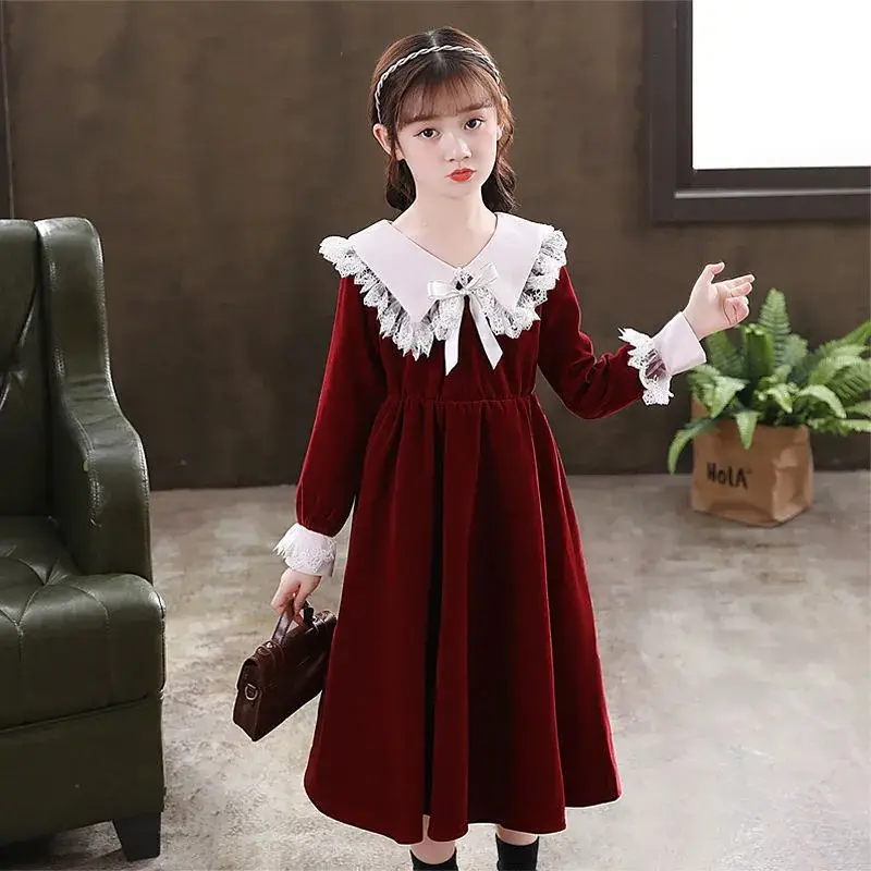 Children's Red Velvet Princess Skirt Dress Mid-Length