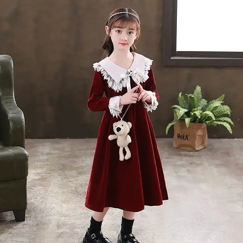 Children's Red Velvet Princess Skirt Dress Mid-Length