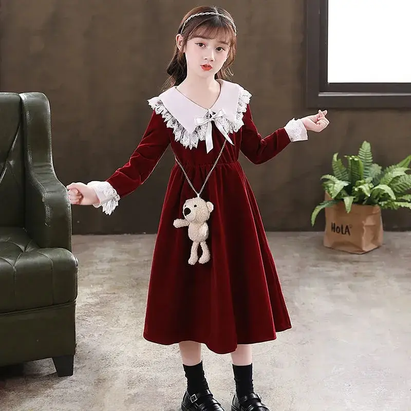 Children's Red Velvet Princess Skirt Dress Mid-Length