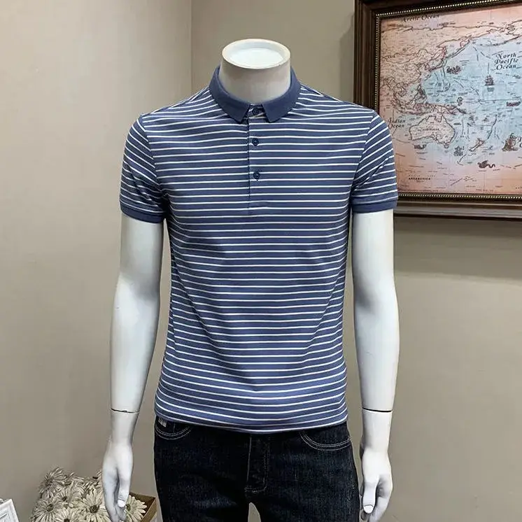 Men Striped Polo Shirt Black White Slim Fit