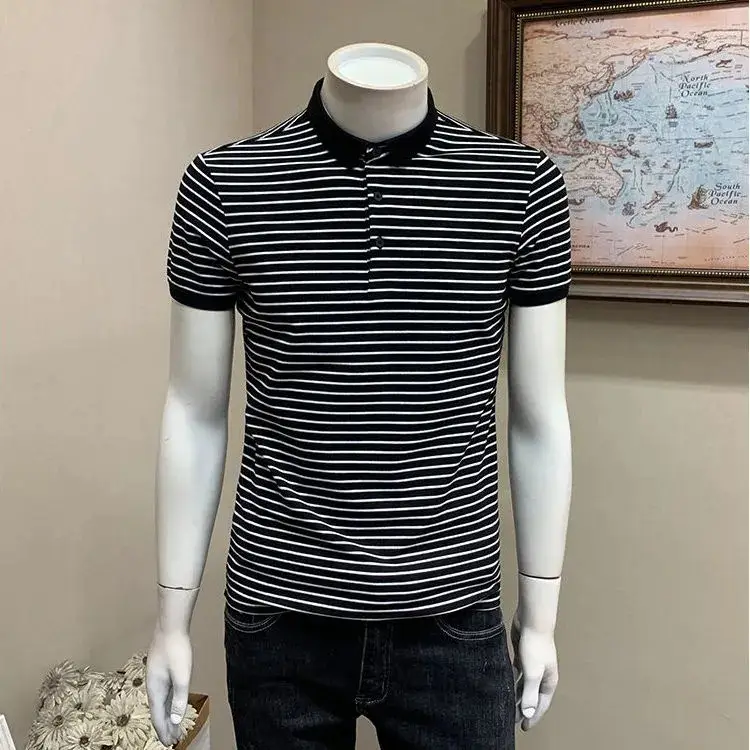 Men Striped Polo Shirt Black White Slim Fit - Image 2