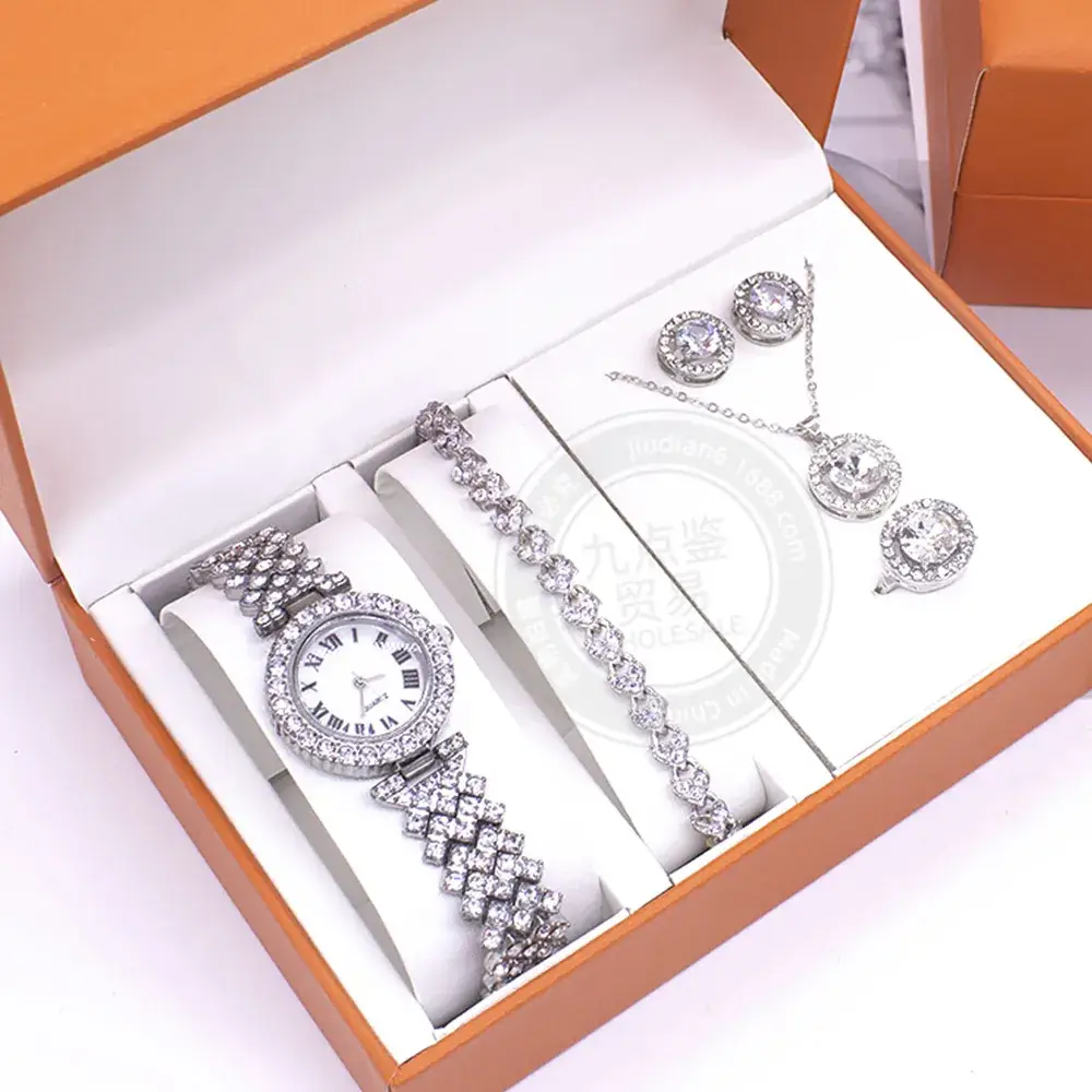 5PC Silver Watch Set for Women with Necklace Earrings - Image 2