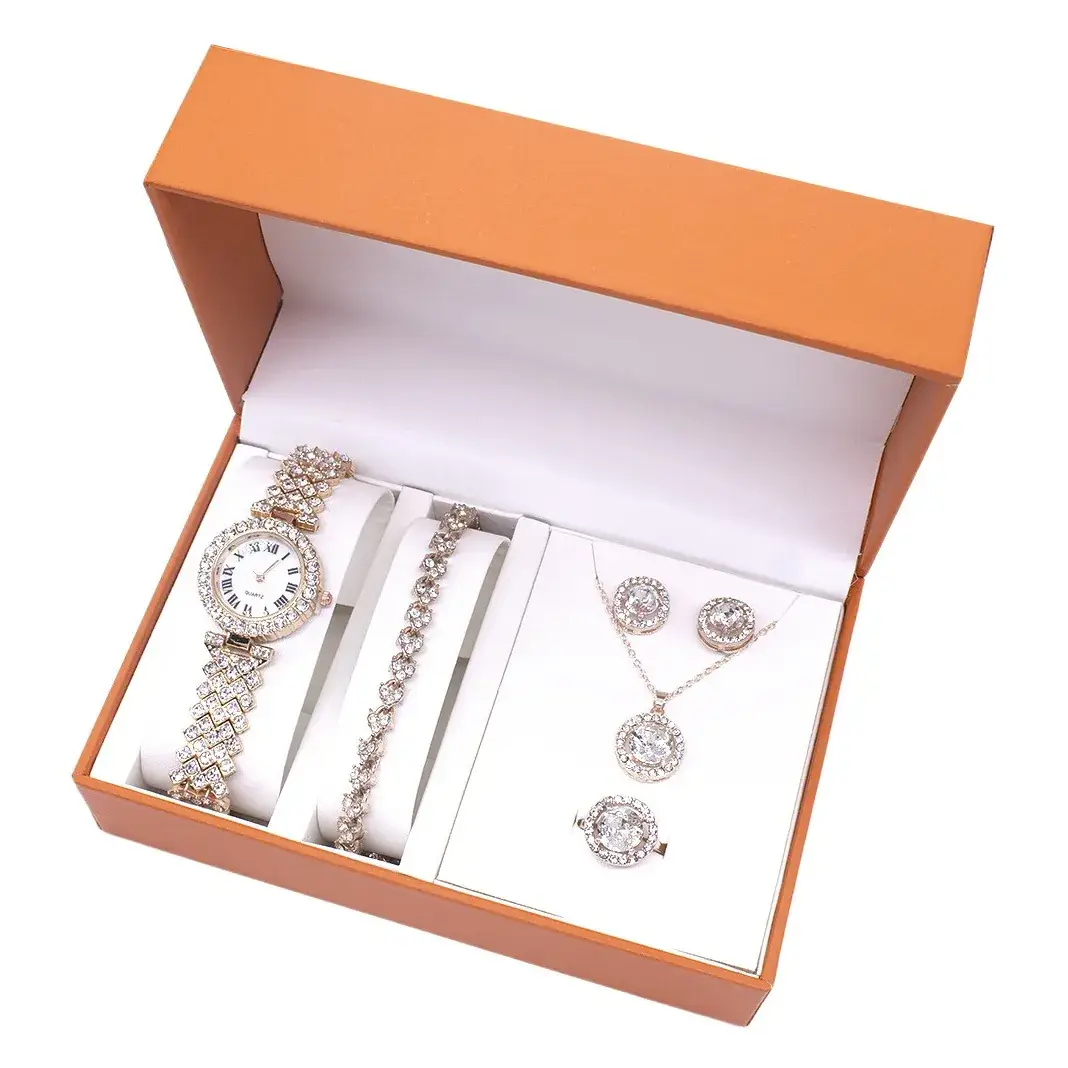 5PC Silver Watch Set for Women with Necklace Earrings