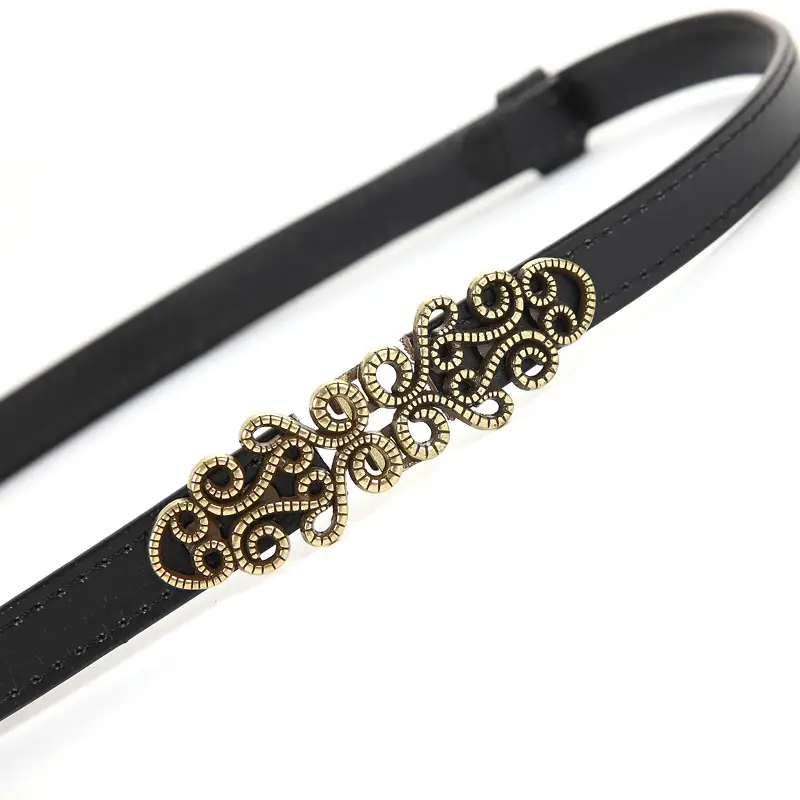 Genuine Leather Women's Thin Belt with Gold Decor