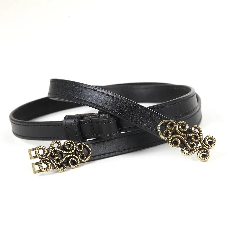 Genuine Leather Women's Thin Belt with Gold Decor