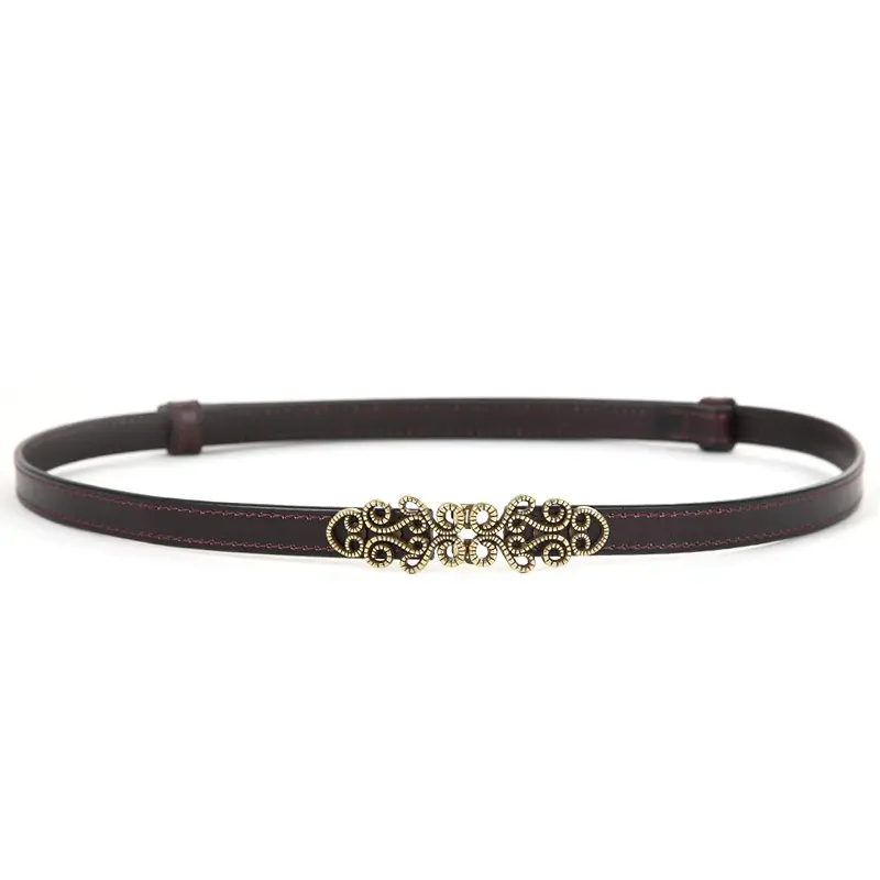Genuine Leather Women's Thin Belt with Gold Decor