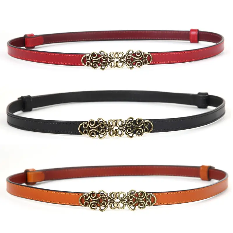Genuine Leather Women's Thin Belt with Gold Decor