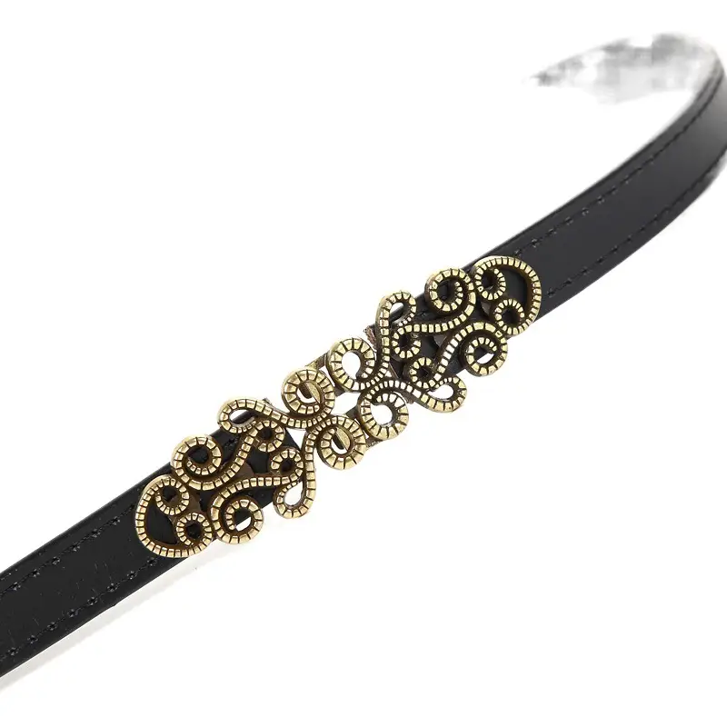 Genuine Leather Women's Thin Belt with Gold Decor