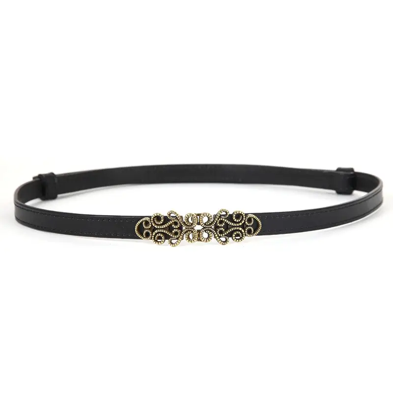 Genuine Leather Women's Thin Belt with Gold Decor