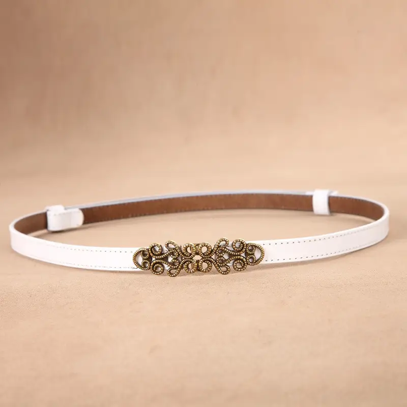 Genuine Leather Women's Thin Belt with Gold Decor