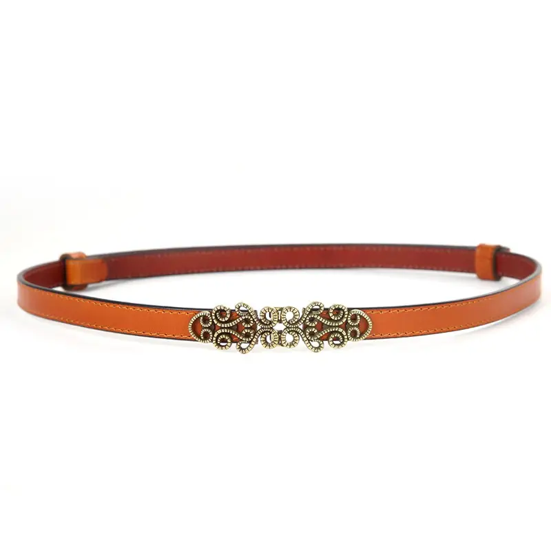 Genuine Leather Women's Thin Belt with Gold Decor