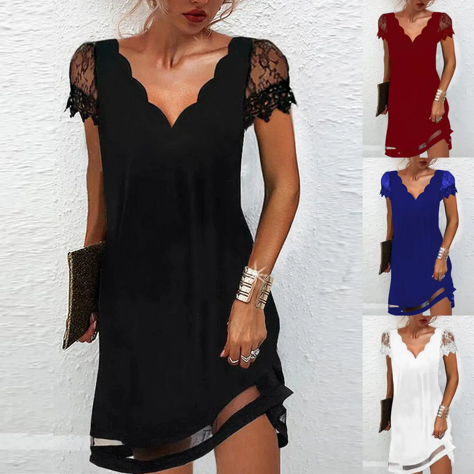 Black Lace Chiffon Wave V-Neck Dress for Women
