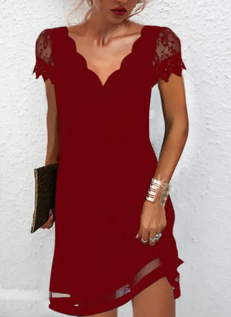 Black Lace Chiffon Wave V-Neck Dress for Women