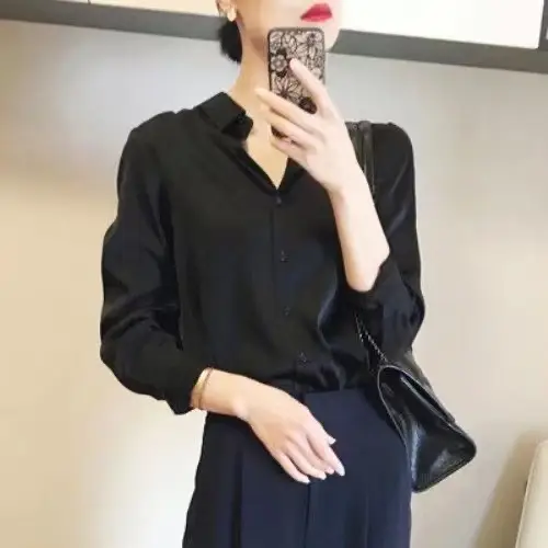 Women's Black Silk Long Sleeve Shirt Spring 2023 - Image 9