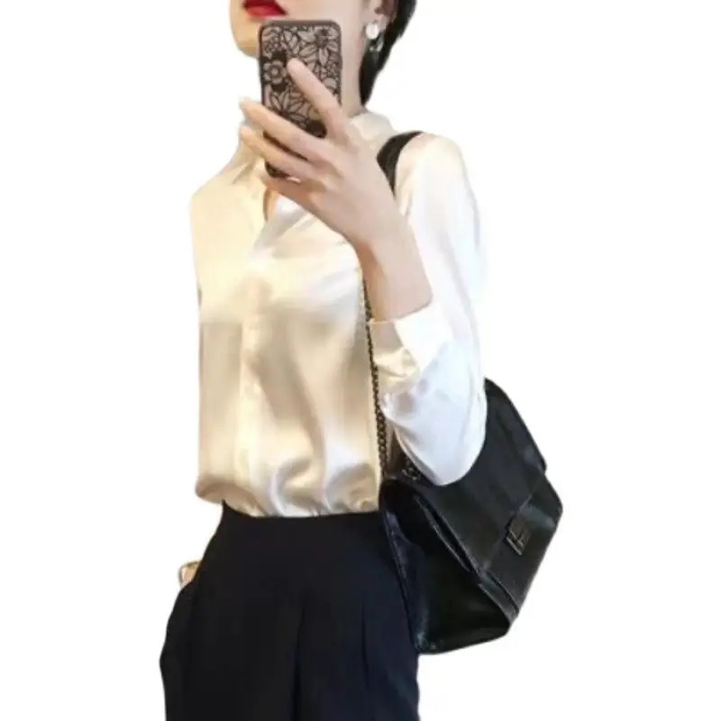 Women's Black Silk Long Sleeve Shirt Spring 2023 - Image 10