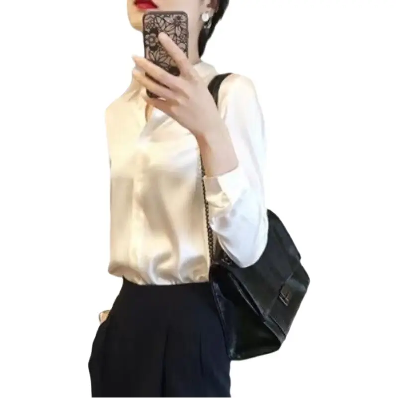 Women's Black Silk Long Sleeve Shirt Spring 2023
