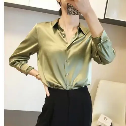 Women's Black Silk Long Sleeve Shirt Spring 2023 - Image 3