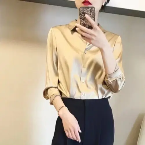 Women's Black Silk Long Sleeve Shirt Spring 2023 - Image 5