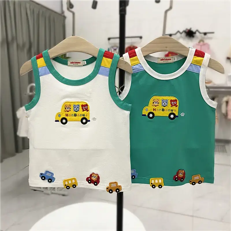 24 Summer Kids Cotton Vest Top Cartoon Car Matching Green White - Image 3