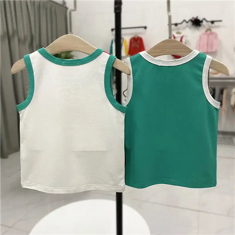 24 Summer Kids Cotton Vest Top Cartoon Car Matching Green White - Image 4