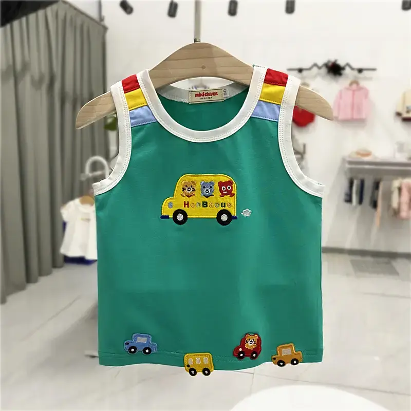 24 Summer Kids Cotton Vest Top Cartoon Car Matching Green White - Image 2