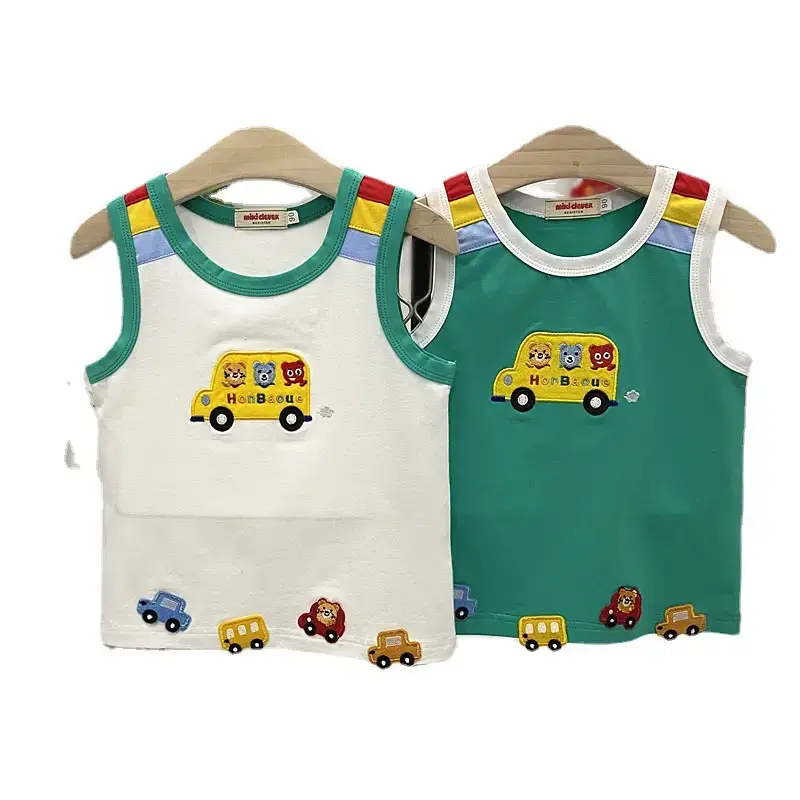 24 Summer Kids Cotton Vest Top Cartoon Car Matching Green White - Image 5