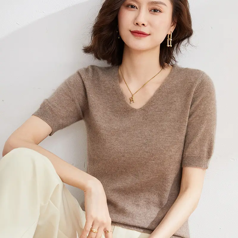 Purple Knitted V-Neck T-Shirt for Women Spring Autumn - Image 19