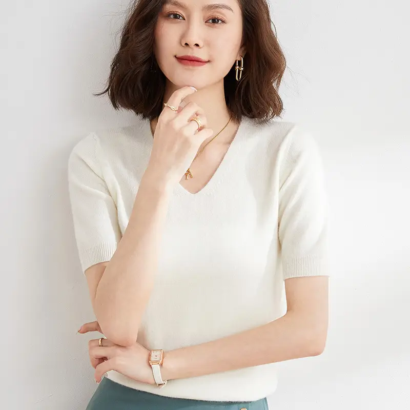 Purple Knitted V-Neck T-Shirt for Women Spring Autumn - Image 20