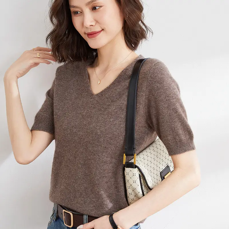 Purple Knitted V-Neck T-Shirt for Women Spring Autumn - Image 21