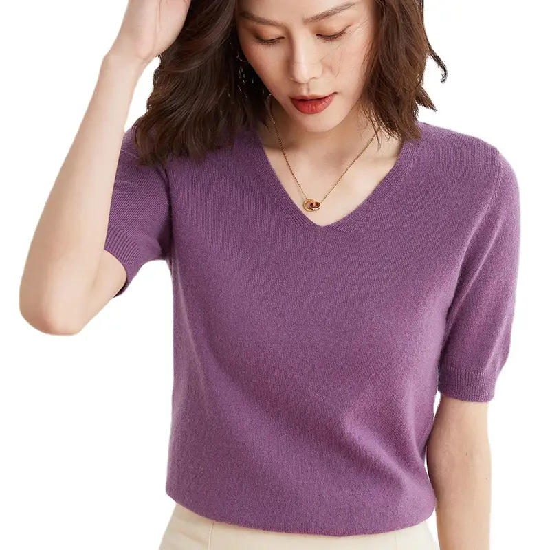 Purple Knitted V-Neck T-Shirt for Women Spring Autumn - Image 23